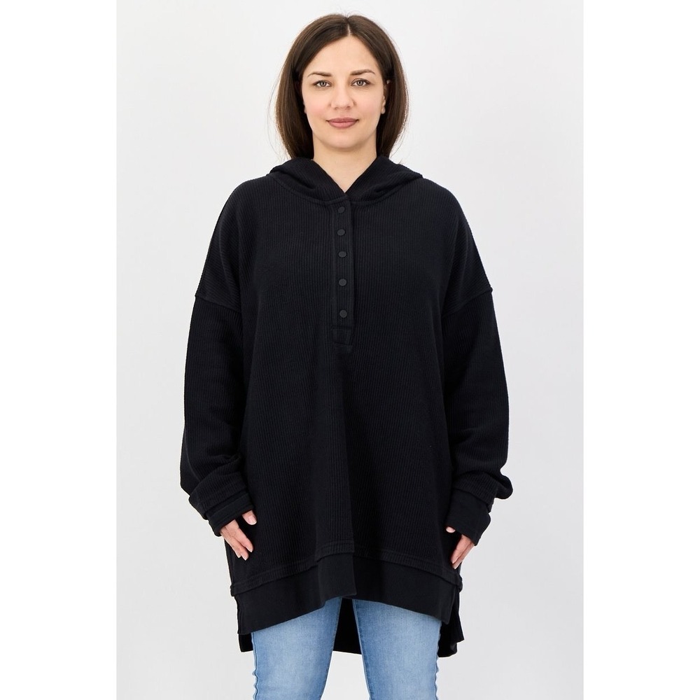 Aerie Black Oversized Henley Snap Ribbed Waffle Hoodie Sweatshirt Women's Sm